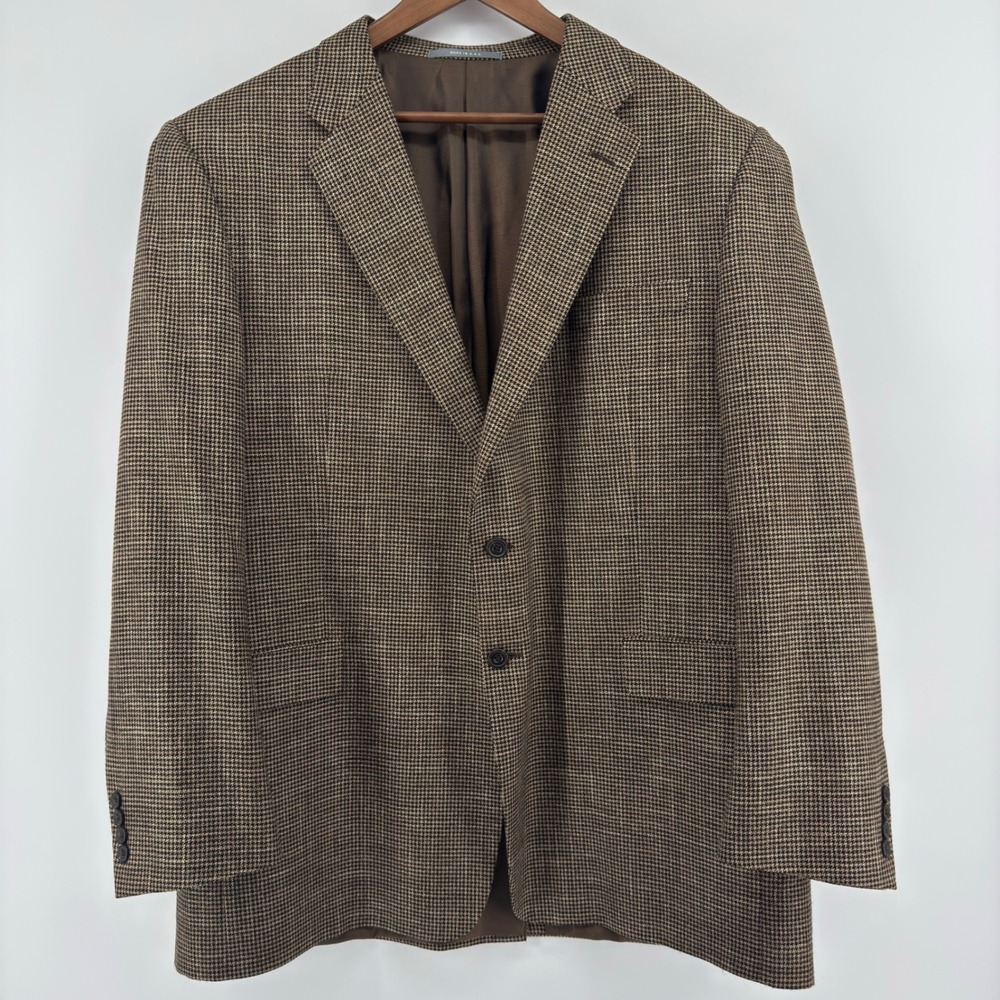 Hickey Freeman Mens Houndstooth Brown Wool Blend Blazer‎ Sport Coat 48 Long